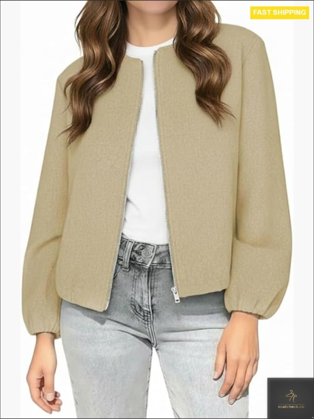 Wool Blend Bomber Jacket Cropped Zip Up Casual Chic Modern Aviator Style